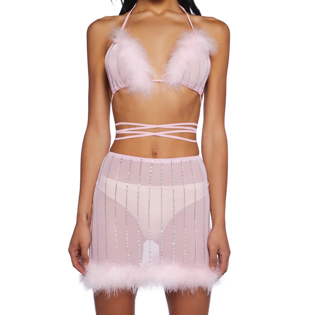 Elegant Pink Feather Trim Lingerie Set Sz Small